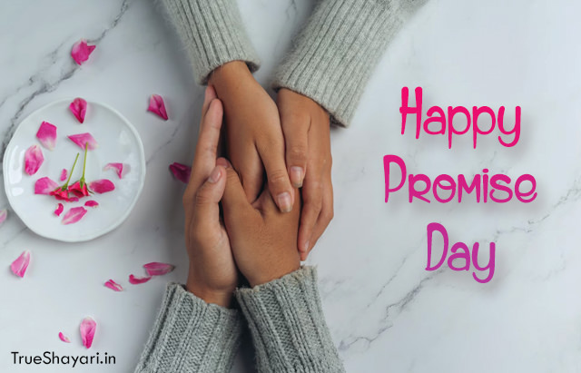 Happy Promise Day Greeting Pic with Hands Holding and Rose Petals