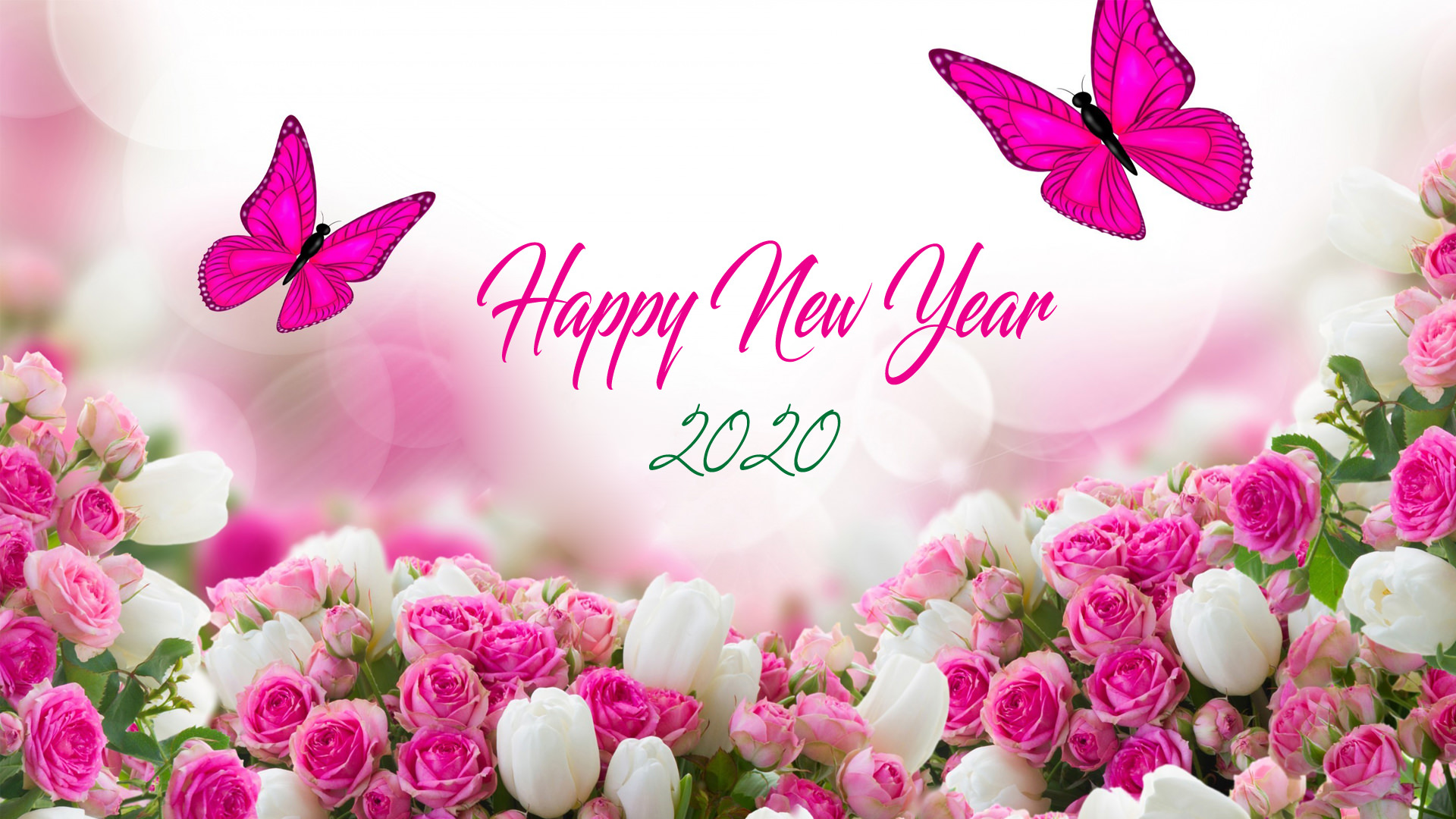 Happy New Year 2K20 HD Images with Pink Roses and Butterfly